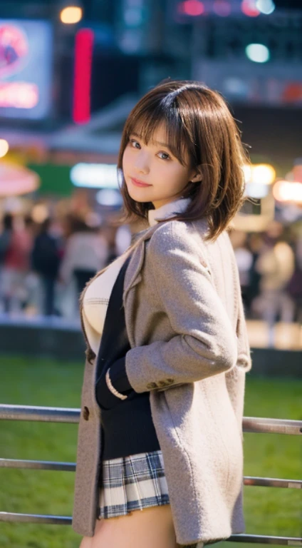 (Photorealistic), (ultra high realistic), (Ultra high definition), (ultra high detailed), (Increase contrast), (14 years old girl、Extremely beautiful face), (fair white skin)A pretty woman with perfect figure, Cute face, Beautiful expression, (Lifelike face), Beautiful hairstyle, Realistic eyes, beautiful detail, (real looking skin), sparkly eyes、Beautiful skins, enticing, The ultra -The high-definition, A hyper-realistic, Realistic, Very detailed,, a short bob,Hair hanging over the ears、 bangss, (Wool short coat and knee-high boots、japanese cute idol, Tartan check)((Very short miniskirt)) Gentle smile, Brown hair,、The cleavage looks bold、beutiful breast、thin-waist、big butts、((Rear view、leaning over the fence))(High-rise rooftop observation deck、A view overlooking the amusement park from above)、Shot from behind