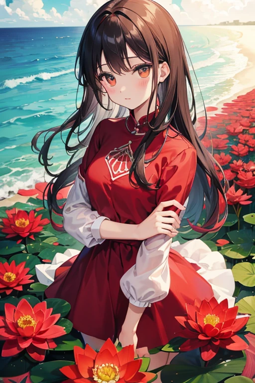 Samia, girl, Solo, Shirt, looking at you, Face, Perfect, Flowers, High quality,  Radiant, knight, godly, Red Shirt, red velvet, Water, ocean,  lotuses