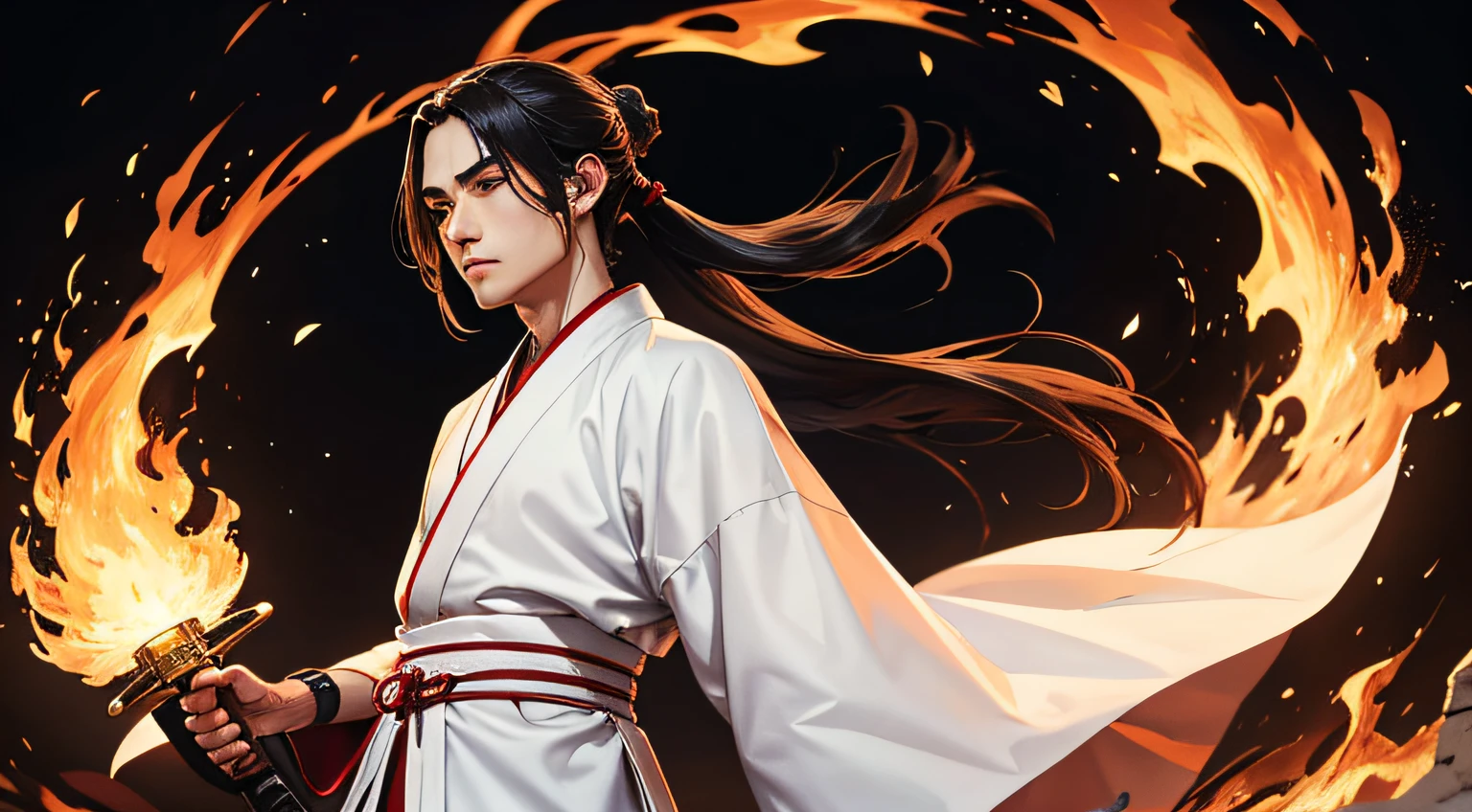 Long-haired men, brave, hair tied next to both ears, Thrift, 白袈裟, White kimono, Holding a sword, standing in fire, Looking at Viewer