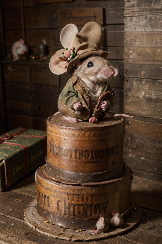 Best quality, masterpiece, ultra high res, (photorealistic:1.37), raw photo, Year 1852, ((1 realistic poor mouse wearing old rundown clothing and old hats)), sitting up against a full size christmas fruitcake, getting fat.