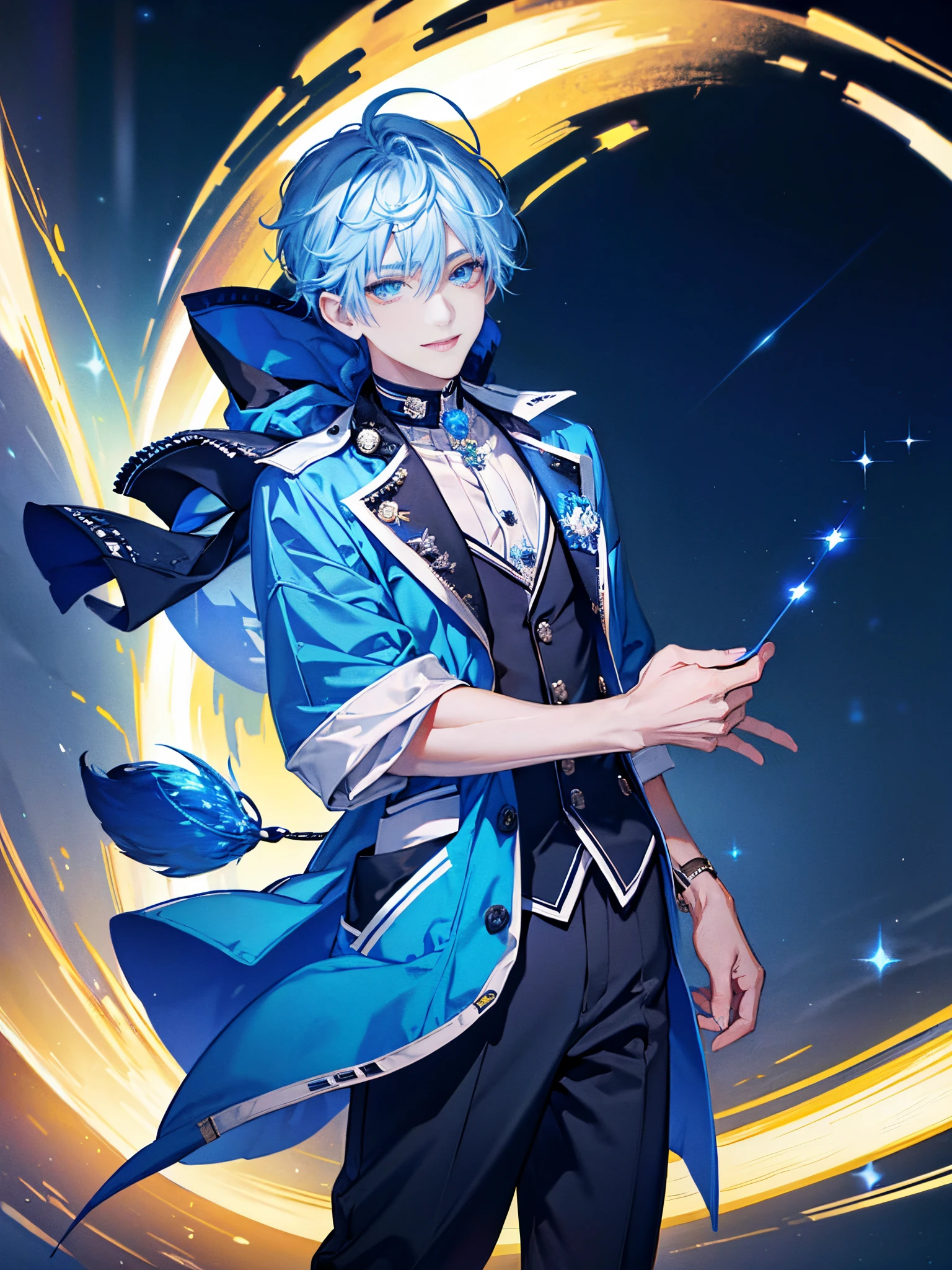 ((Masterpiece, Best Quality, High Resolution)), handsome male Vtuber, Bright blue hair and starry silver eyes, Slightly wavy, semi-long hair with a light bounce, Colorful gaming jacket with a T-shirt featuring a design inspired by the night sky. Simple jeans and comfortable sneakers complete the look.Always wearing a smile, exuding a cheerful atmosphere. neon starry sky back ground