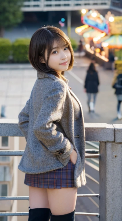(Photorealistic), (ultra high realistic), (Ultra high definition), (ultra high detailed), (Increase contrast), ( girl、Extremely beautiful face), natural make up(fair white skin)A pretty woman with perfect figure, Cute face, Beautiful expression, (Lifelike face), Beautiful hairstyle, Realistic eyes, beautiful detail, (real looking skin), sparkly eyes、Beautiful skins, enticing, The ultra -The high-definition, A hyper-realistic, Realistic, Very detailed,, a short bob,Hair hanging over the ears、 bangss, (Wool short coat and knee-high boots、japanese cute idol, Tartan check)((Very short miniskirt)) Gentle smile, Brown hair,、The cleavage looks bold、beutiful breast、thin-waist、big butts、((Rear view、leaning over the fence))(High-rise rooftop observation deck、A view overlooking the amusement park from above)、Shot from behind