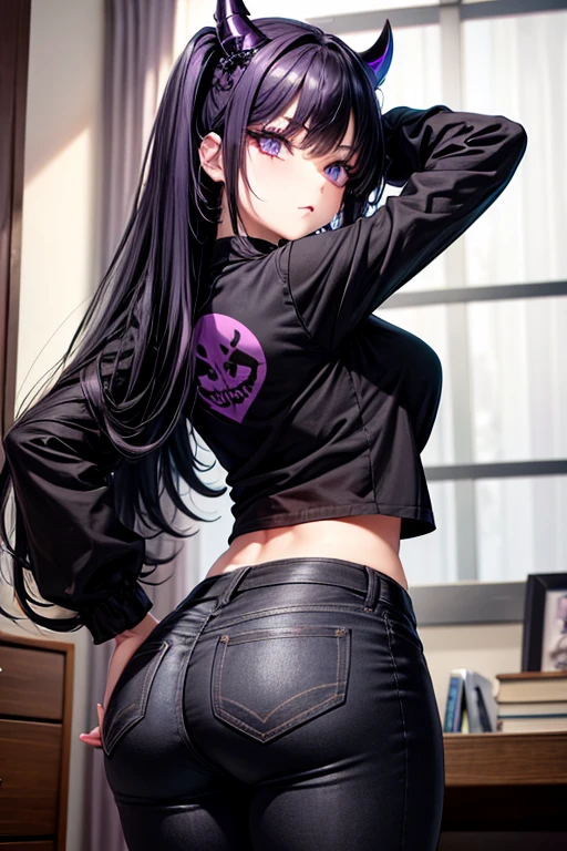 Goth Girl. (((1person))), In Bedroom. Standing. Medium size breasts, butt crack, love handles. Black Horns, Medium length hair, Black hair, purple eyes, purple eyeliner. Black T-Shirt. Tight Jeans. punk fashion, sexy confident expression, blushing face. Masterpiece, best quality, minute details, intricate details, sharp focus, perfect eyes, perfects face. Ass Focus. Looking at viewer. Perfect anatomy. Medium Full Shot.