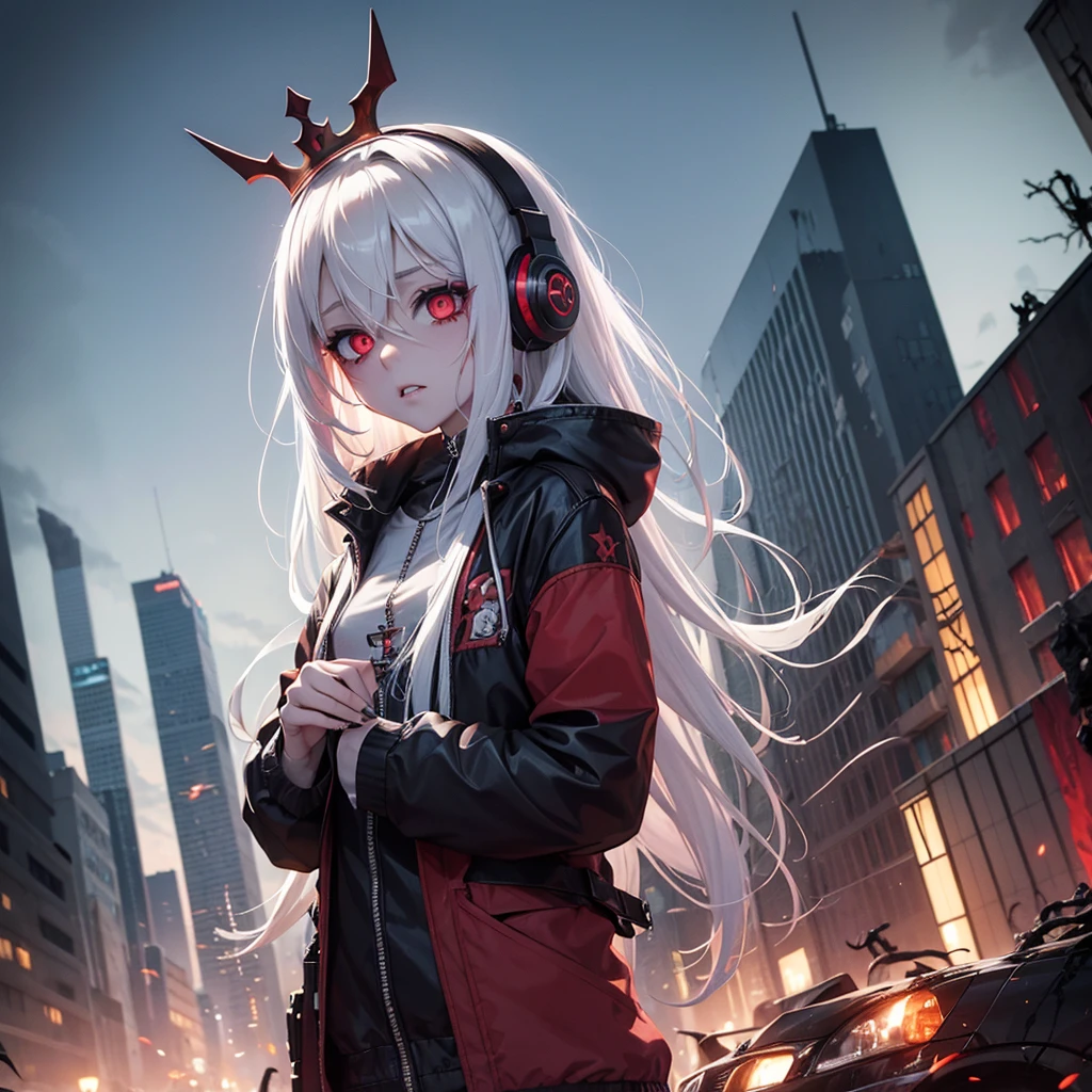 zombie girl, white hair, with headphones, crown, symmetrical body, destroyed city, zombies around, destroyed cars, blood red moon, flying monsters