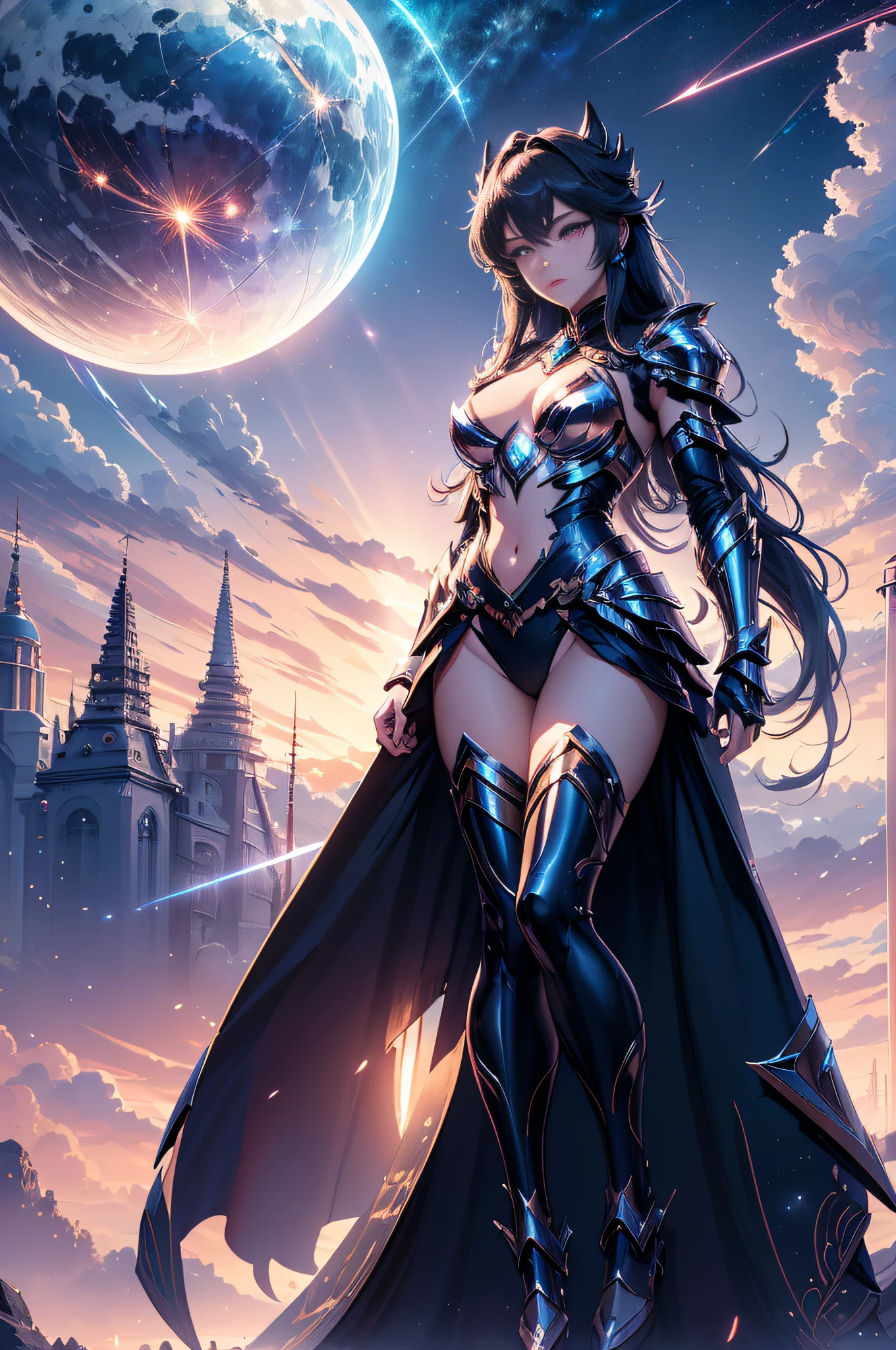 Ultra-high saturation,(tmasterpiece), fully body villain pose:1.3,Denoising of Strength:1.45,(best qualtiy),iridescent lighting, (1girll), starryskybackground,Wearing shiny gold armor, Sexy lingerie type armor,Expose your chest,Expose the waistline,Exposing thighs,cool-pose, Saint Seiya Armor, messy hair,high detal, Anime style, Cinematic lighting, Sparkle, god light, Ray traching, filmgrain, hyper HD, textureskin, super detailing, Anatomical correct, A high resolution,Ultra-high saturation,hight contrast,High-gloss armor,,Serious expressions,Dark room,