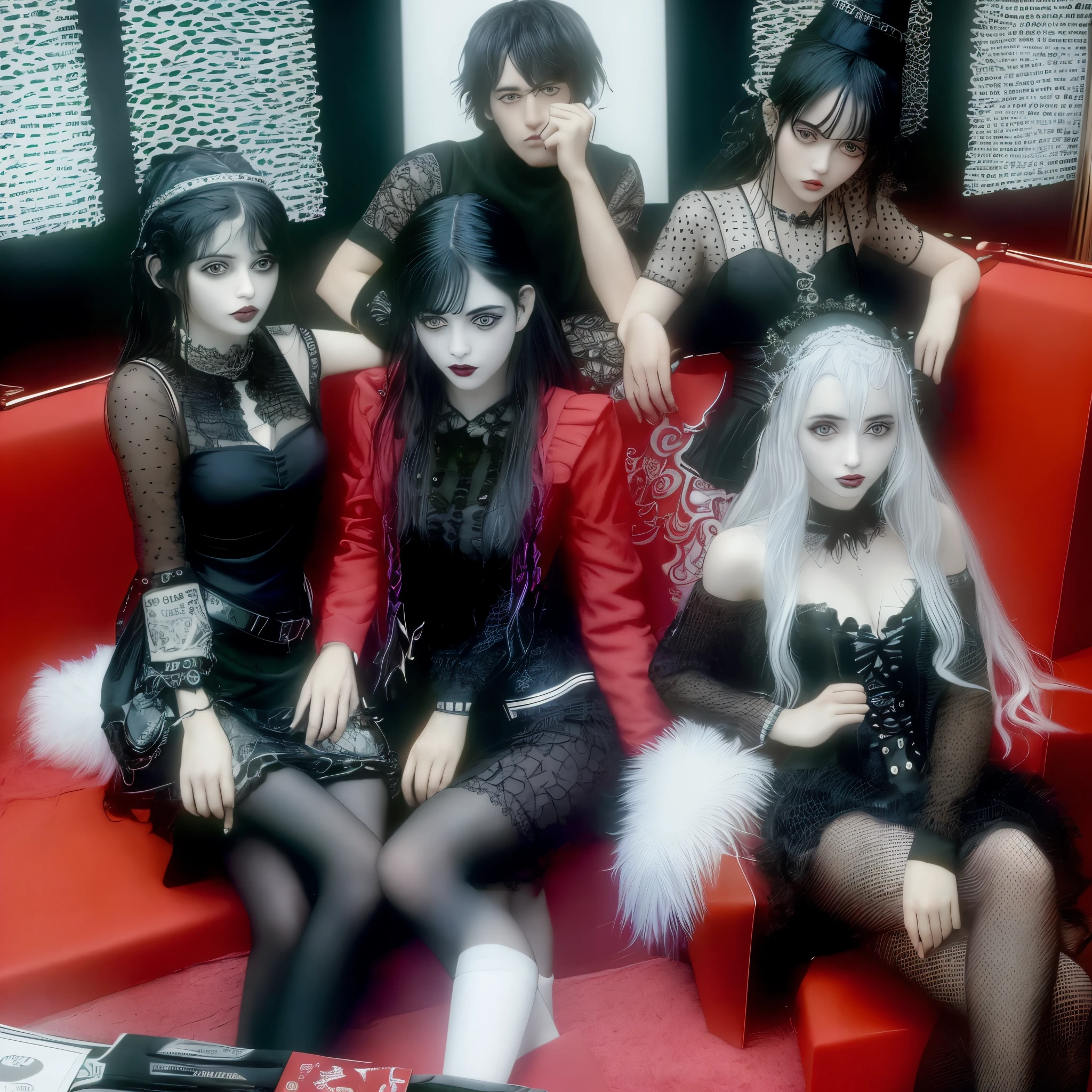 Araffes fantasiados de Papai Noel e outras mulheres sentadas em um banco, goth family, mall goth, 1 7 - - old h girl, vestido com roupas crustpunk, Elves sitting on the couch, O Conselho das Cadelas Assustadoras, v do diabo pode chorar como um elfo, parece uma mistura de grimes, gothic aesthetic, true goth