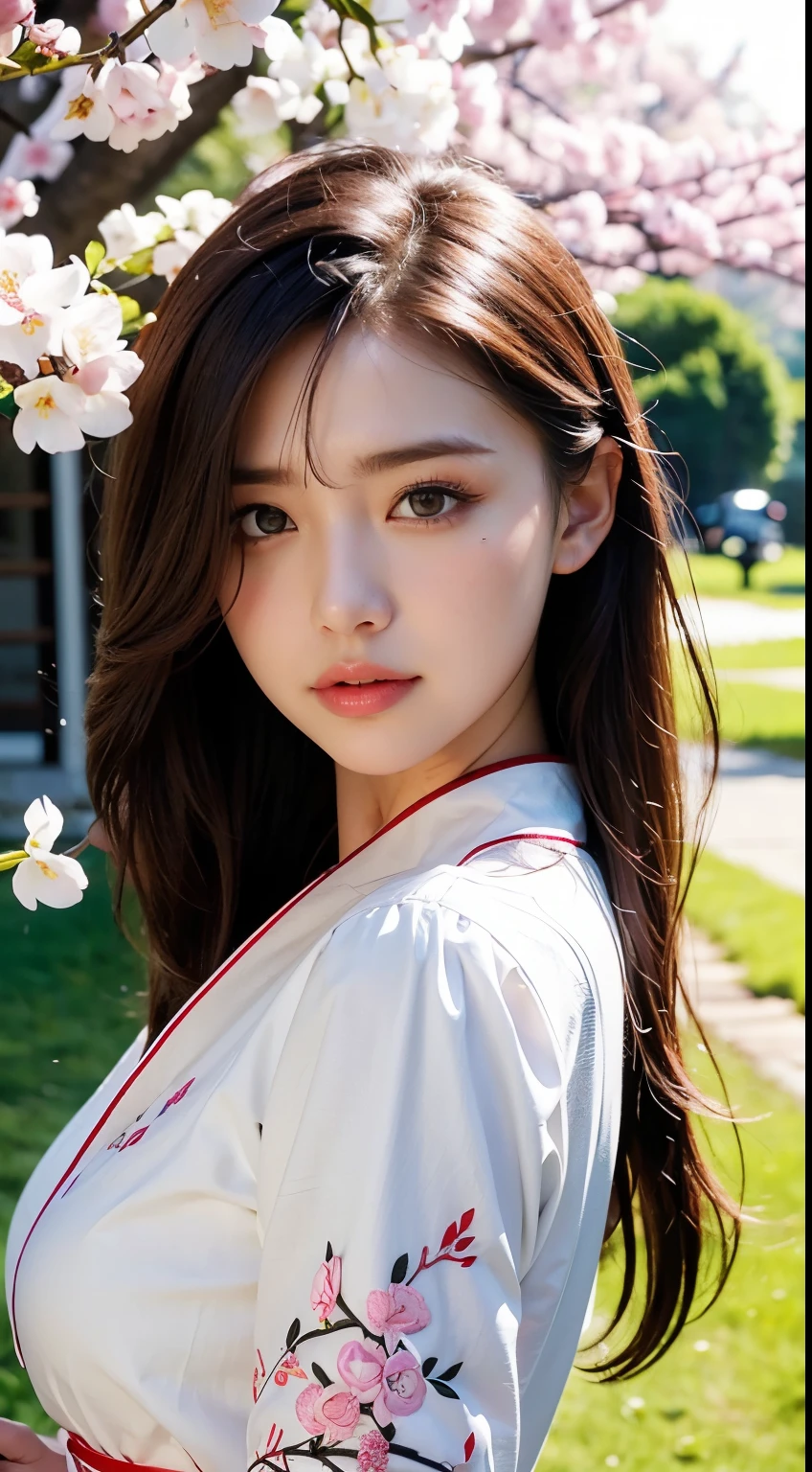 (A logo、masterpiece、8K、masutepiece、Raw photo、Fantastic、Best Quality、8K wallpaper that combines photorealism and high-definition CG、hightquality、ighly detailed、epic poem、Particle effect、Dynamic effects、depth of fields、Cinematic Light、Lens Flare、Ray tracing)、Fantasia、 (Beauty 1 person、White Japanese Clothing、Japanese dress、White cherry blossom pattern、White cherry blossom embroidery pattern、A dark-haired、Beautiful face、Real Face、beautiful details eyes beautiful skin)、Hair flutters in the wind、Hair jumps、Pink cherry blossom tree、Petals flutter、Sakura blizzard、Superb view、morning glow、Sun in the background、the wind