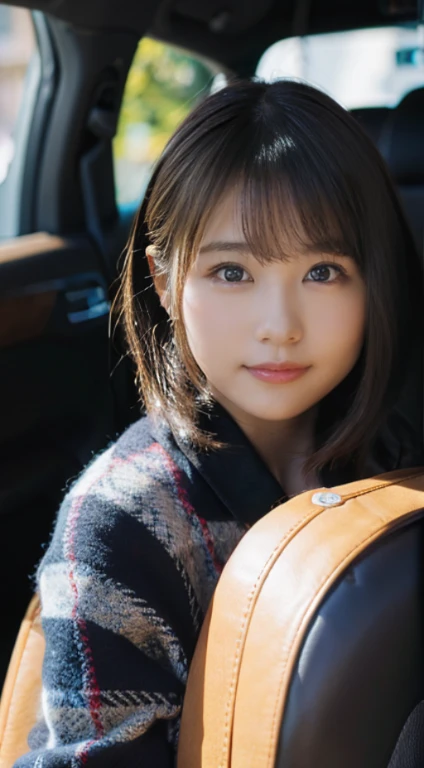 (Photorealistic), (ultra high realistic), (Ultra high definition), (ultra high detailed), (Increase contrast), ( girl、Extremely beautiful face, natural make up)(fair white skin)(sparkly eyes)A pretty woman with perfect figure, Cute face, Beautiful expression, (Lifelike face), Beautiful hairstyle, Realistic eyes, beautiful detail, (real looking skin), 、Beautiful skins, enticing, The ultra -The high-definition, A hyper-realistic, Realistic, Very detailed,, a short bob,Hair hanging over the ears、 bangss, (Wool short coat and knee-high boots、japanese cute idol, Tartan check)((Very short miniskirt)) Gentle smile, Brown hair,、The cleavage looks bold、beutiful breast、thin-waist、big butts、((lying in the passenger seat of a car))