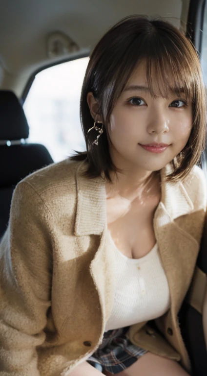 (Photorealistic), (ultra high realistic), (Ultra high definition), (ultra high detailed), (Increase contrast), ( girl、Extremely beautiful face, natural make up)(fair white skin)(sparkly eyes)A pretty woman with perfect figure, Cute face, Beautiful expression, (Lifelike face), Beautiful hairstyle, Realistic eyes, beautiful detail, (real looking skin), 、Beautiful skins, enticing, The ultra -The high-definition, A hyper-realistic, Realistic, Very detailed,, a short bob,Hair hanging over the ears、 bangss, (Wool short coat and knee-high boots、japanese cute idol, Tartan check)((Very short miniskirt)) Gentle smile, Brown hair,、The cleavage looks bold、beutiful breast、thin-waist、big butts、((lying in the passenger seat of a car))
