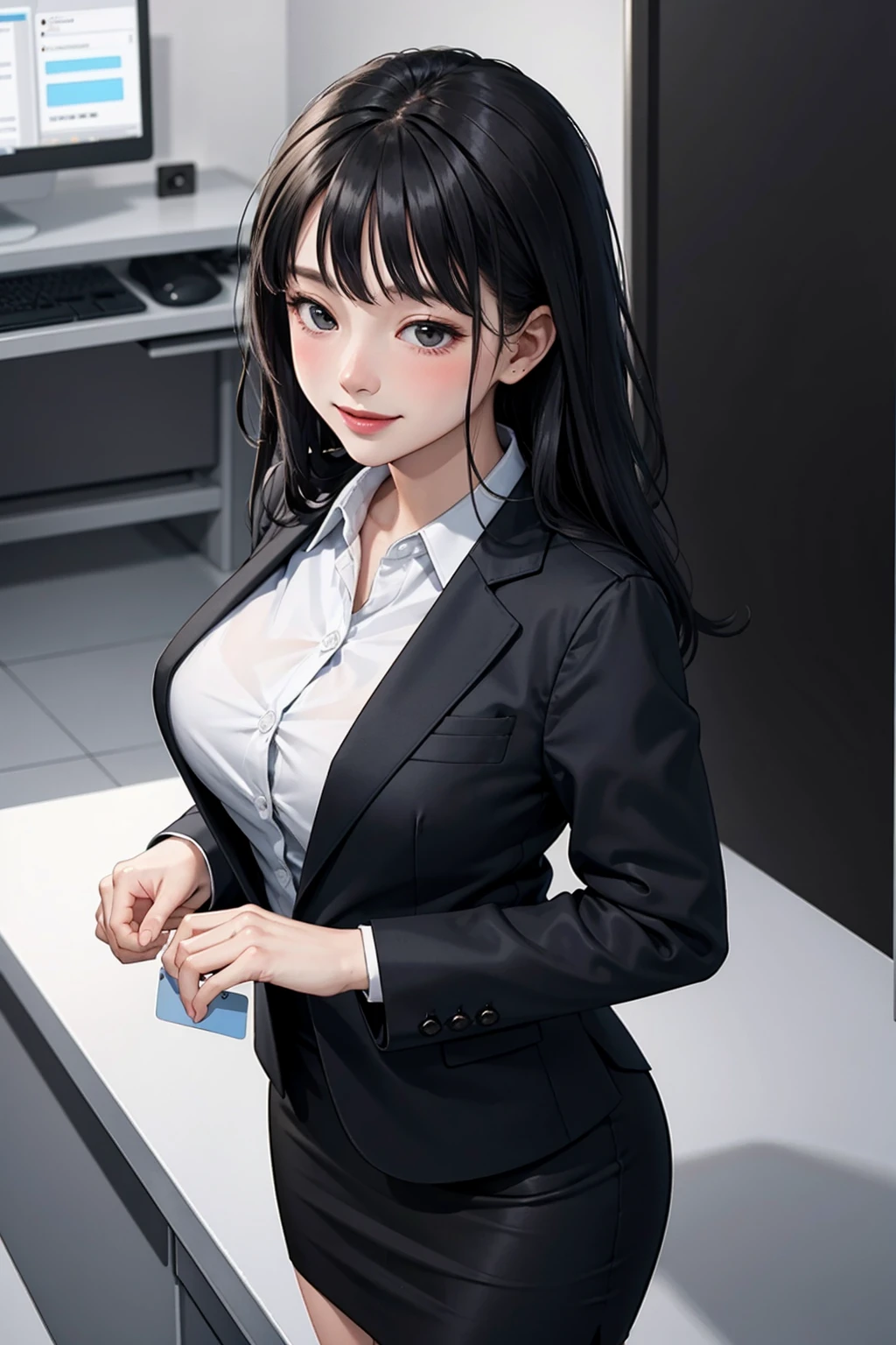 (modern office indoors), 1lady solo, (black medium hair) bangs, (suit jacket, pencil_skirt), (black pantyhorse), ((id card)), blush kind smile, (masterpiece best quality:1.2), delicate illustrations, high resolution, super detail, large breasts