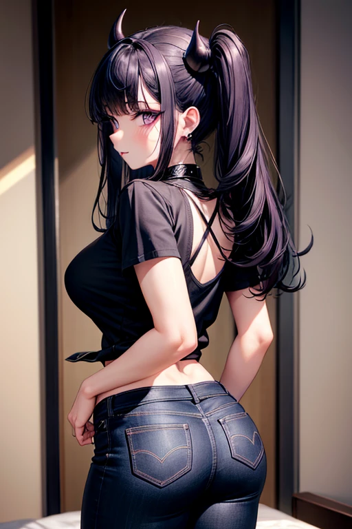 Goth Girl. (((1person))), In Bedroom. Standing. Medium size breasts, Fat Ass, Butt crack, love handles. Black Horns, Medium length hair, Black hair, purple eyes, purple eyeliner. Black T-Shirt. Tight Jeans. punk fashion, sexy confident expression, blushing face. Masterpiece, best quality, minute details, intricate details, sharp focus, perfect eyes, perfects face. Ass Focus. Looking at viewer. Perfect anatomy. Medium Full Shot.