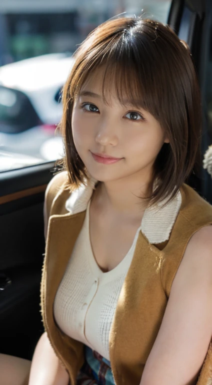 (Photorealistic), (ultra high realistic), (Ultra high definition), (ultra high detailed), (Increase contrast), (14 years old girl、Extremely beautiful face, natural make up)(fair white skin)(sparkly eyes)A pretty woman with perfect figure, Cute face, Beautiful expression, (Lifelike face), Beautiful hairstyle, Realistic eyes, beautiful detail, (real looking skin), 、Beautiful skins, enticing, The ultra -The high-definition, A hyper-realistic, Realistic, Very detailed,, a short bob,Hair hanging over the ears、 bangss, (Wool short coat and knee-high boots、japanese cute idol, Tartan check)((Very short miniskirt)) Gentle smile, Brown hair,、The cleavage looks bold、beutiful breast、thin-waist、big butts、((lying in the passenger seat of a car))