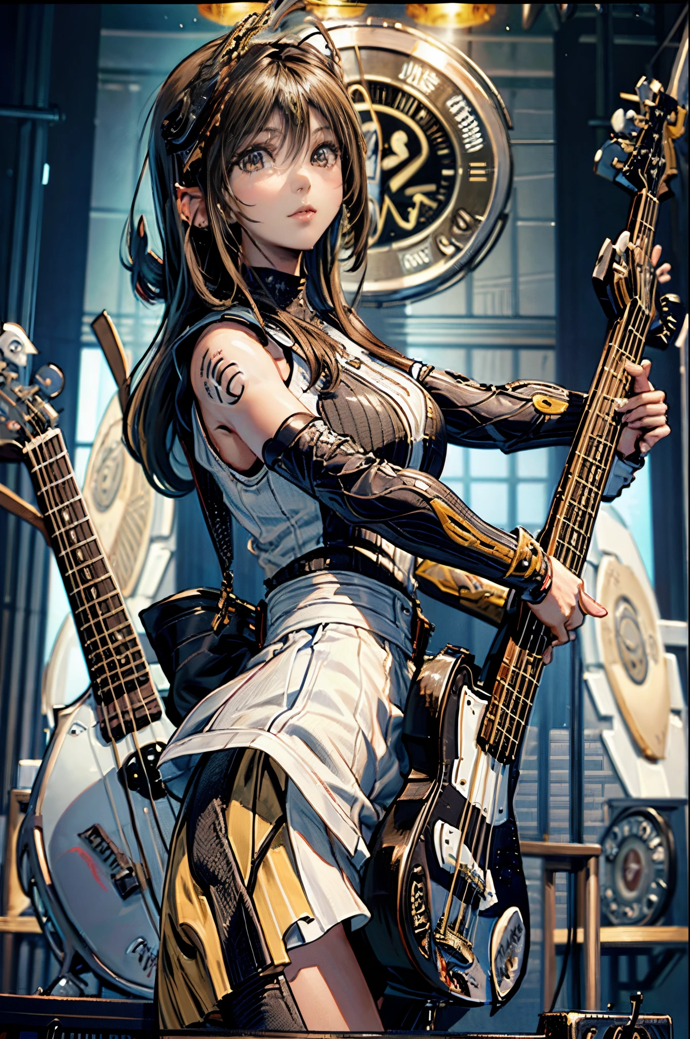 Woman playing bass live、brunette disheveled hair、Intricate 4-string bass:1.2、Anatomically correct fingers、((Detailed Fender Precision Base:1.3))、Only one base、Facing down、Camera Up(1:1)