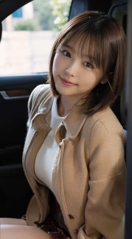 (Photorealistic), (ultra high realistic), (Ultra high definition), (ultra high detailed), (Increase contrast), (14 years old girl、Extremely beautiful face, natural make up)(fair white skin)(sparkly eyes)A pretty woman with perfect figure, Cute face, Beautiful expression, (Lifelike face), Beautiful hairstyle, Realistic eyes, beautiful detail, (real looking skin), 、Beautiful skins, enticing, The ultra -The high-definition, A hyper-realistic, Realistic, Very detailed,, a short bob,Hair hanging over the ears、 bangss, (Wool short coat and knee-high boots、japanese cute idol, Tartan check)((Very short miniskirt)) Gentle smile, Brown hair,、The cleavage looks bold、beutiful breast、thin-waist、big butts、((lying in the passenger seat of a car))