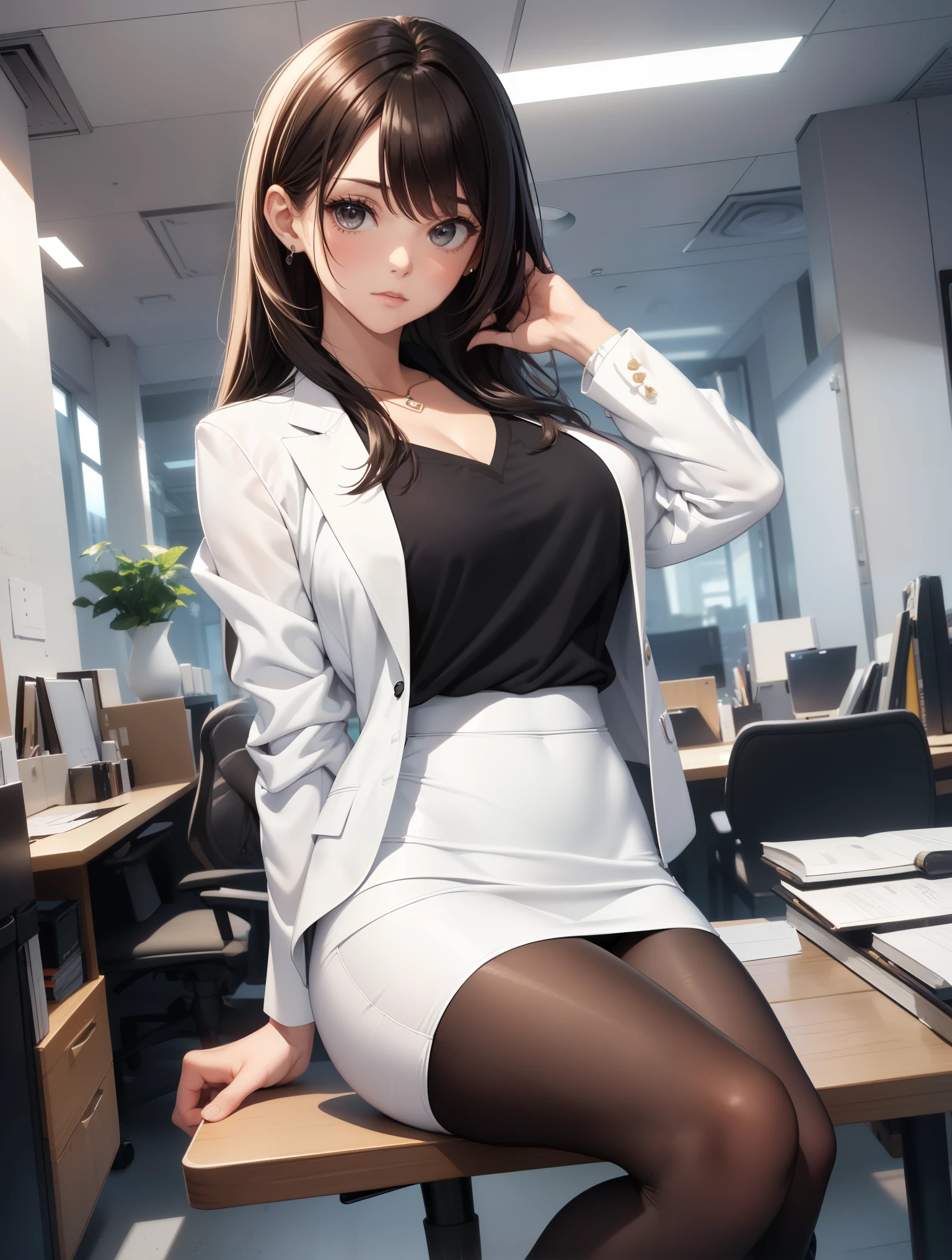 Best Quality, masutepiece, beautiful mature women、Beautiful face、Strong-minded woman、Officelady、(White jacket、Black V-Neck T-Shirt、white tight pencil skirt、Black tights、high-heels、Winter Outfit:1.5)、(brown haired、Bangs are asymmetrical)、((Brown-eyed))、Longhaire、Undersized eyes、(((daytime office scene)))、BREAK(poseing)