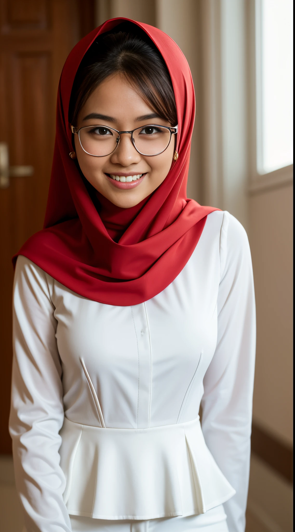Cute malay girl in red hijab wearing big white peplum shirt and white pants in shy pose in ballroom hall, wear big round glasses, nerd, big smile, laughing, happy, big front teeth, bright lighting, cute face, 35mm lens, Extreme close-up, pastel color grading, depth of field cinematography effect, romantic film genre, 8k resolution, high quality, ultra detail,