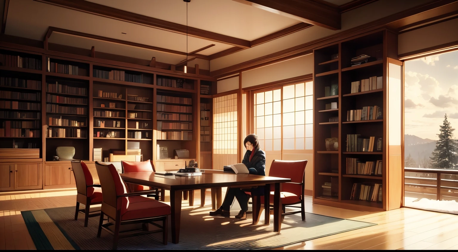modern Japanese-style home library interior design with a winter nature view. Bookshelves, cozy, dramatic lighting cloudy day, anime couples reading a book together
