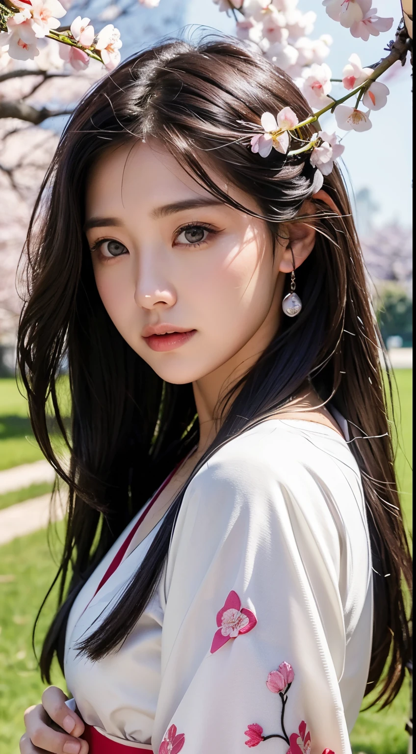 (A logo、masterpiece、8K、masutepiece、Raw photo、Fantastic、Best Quality、8K wallpaper that combines photorealism and high-definition CG、hightquality、ighly detailed、epic poem、Particle effect、Dynamic effects、depth of fields、Cinematic Light、Lens Flare、Ray tracing)、Fantasia、 (Beauty 1 person、White Japanese Clothing、Japanese dress、White cherry blossom pattern、White cherry blossom embroidery pattern、A dark-haired、Beautiful face、Real Face、beautiful details eyes beautiful skin)、Hair flutters in the wind、Hair jumps、Pink cherry blossom tree、Petals flutter、Sakura blizzard、Superb view、morning glow、Sun in the background、the wind、Deities、tusk、myth、Vast Land、