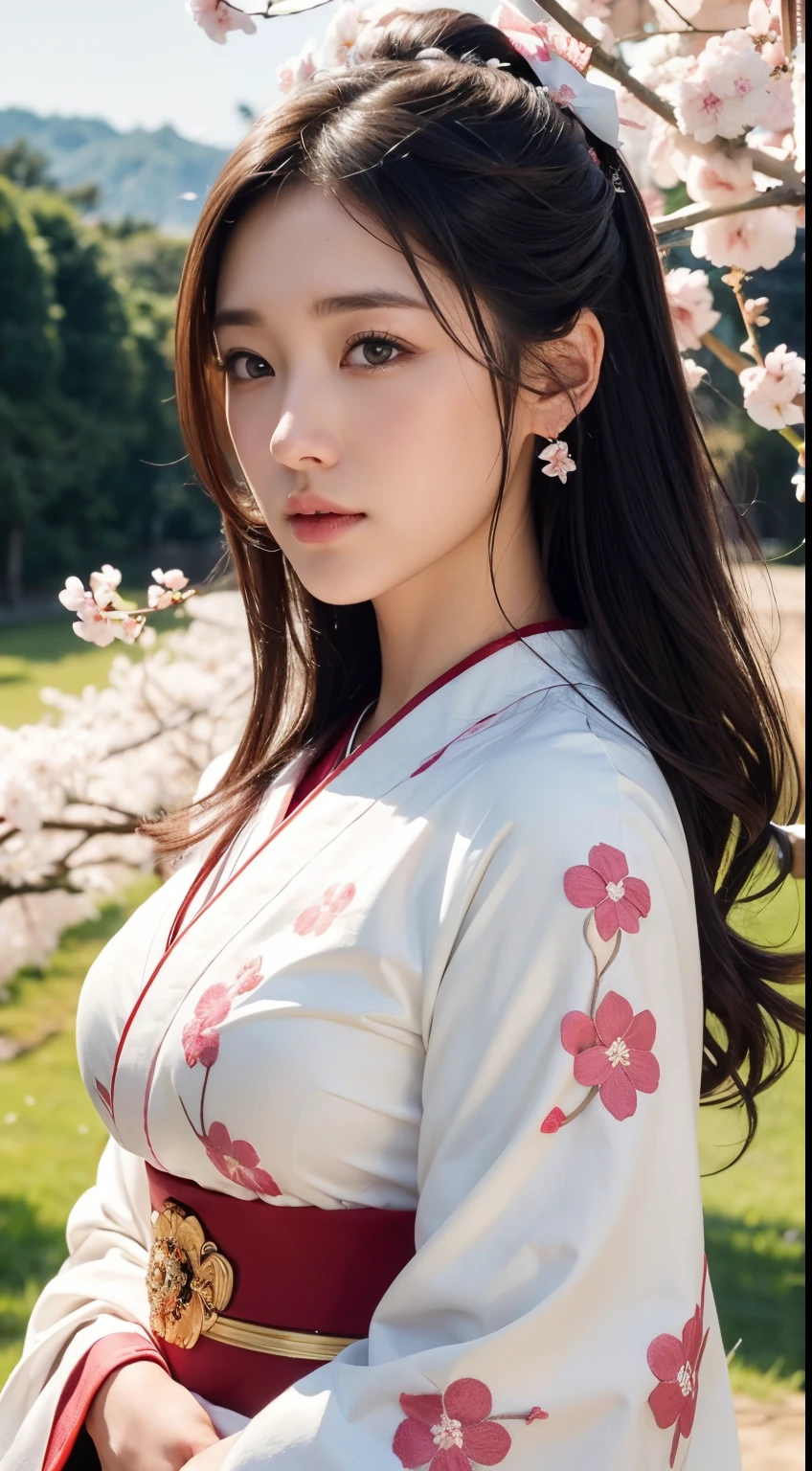 (A logo、masterpiece、8K、masutepiece、Raw photo、Fantastic、Best Quality、8K wallpaper that combines photorealism and high-definition CG、hightquality、ighly detailed、epic poem、Particle effect、Dynamic effects、depth of fields、Cinematic Light、Lens Flare、Ray tracing)、Fantasia、 (Beauty 1 person、White Japanese Clothing、Japanese dress、White cherry blossom pattern、White cherry blossom embroidery pattern、A dark-haired、Beautiful face、Real Face、beautiful details eyes beautiful skin)、Hair flutters in the wind、Hair jumps、Pink cherry blossom tree、Petals flutter、Sakura blizzard、Superb view、morning glow、Sun in the background、the wind、Deities、tusk、myth、Vast Land、