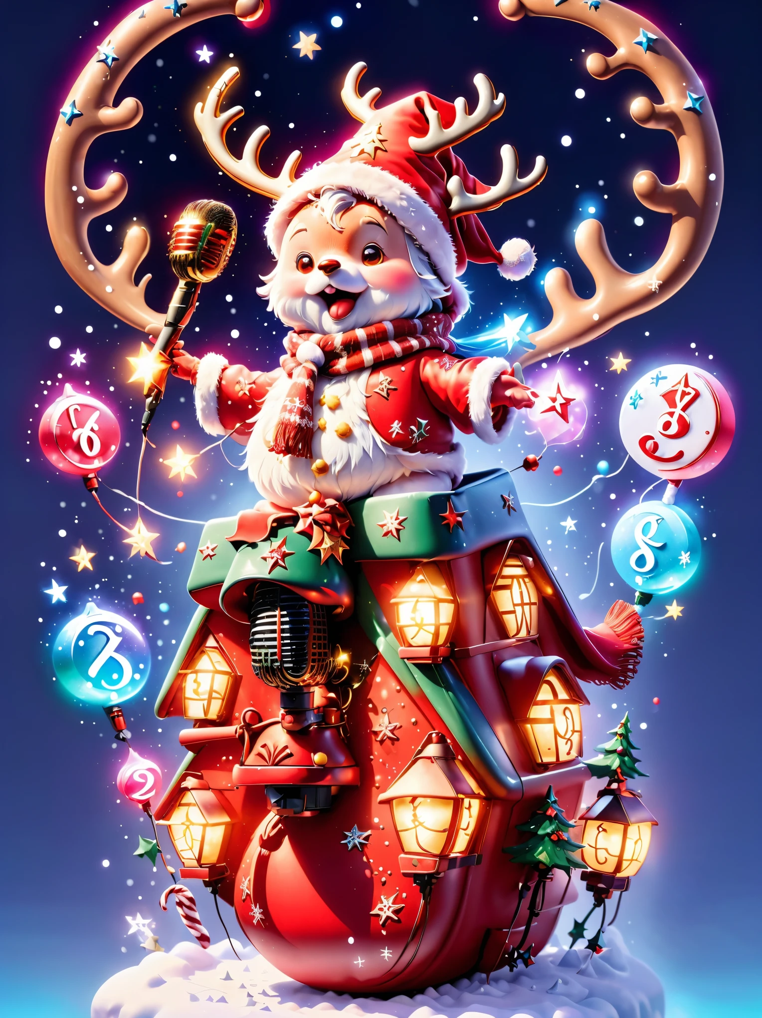 ((1 glowing magical reindeer wearing a Santa hat and scarf))，((Singing with a microphone)), (((Many syllable symbols are floating in the air)))，Christmas elements，Snowy days，8K, Irridescent color, number art, high qulity, The is very detailed, 3Drenderingof，vivd colour，Minimalist style，Disney  style