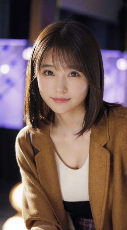 (Photorealistic), (ultra high realistic), (Ultra high definition), (ultra high detailed), (Increase contrast), ( girl、Extremely beautiful face, natural make up)(fair white skin)(sparkly eyes)A pretty woman with perfect figure, Cute face, Beautiful expression, (Lifelike face), Beautiful hairstyle, Realistic eyes, beautiful detail, (real looking skin), 、Beautiful skins, enticing, The ultra -The high-definition, A hyper-realistic, Realistic, Very detailed,, a short bob,Hair hanging over the ears、 bangss, (Wool short coat and knee-high boots、japanese cute idol, Tartan check)((Very short miniskirt)) Gentle smile, Brown hair,、The cleavage looks bold、beutiful breast、thin-waist、big butts、((Karaoke Box))face lights