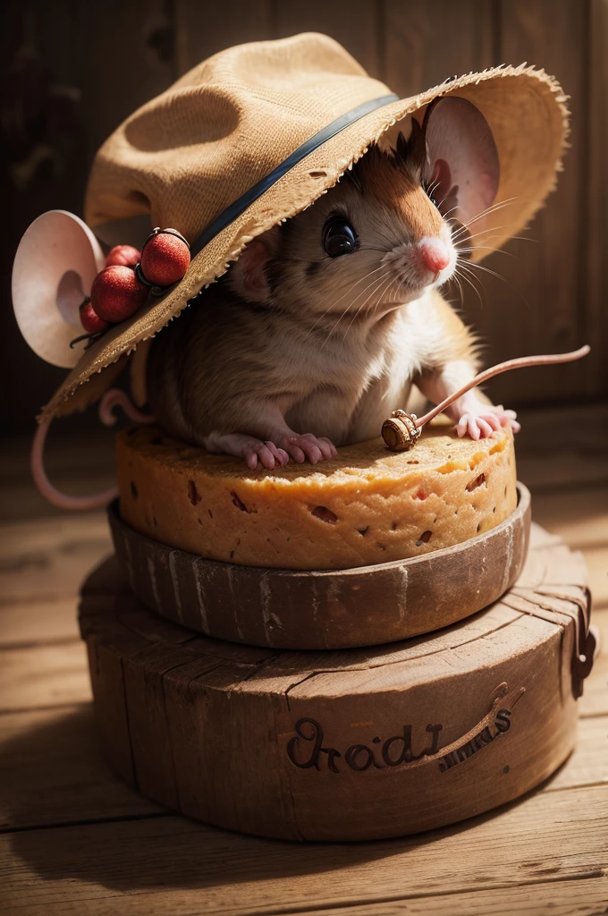 Best quality, masterpiece, ultra high res, (photorealistic:1.37), raw photo, Year 1852, ((1 realistic poor mouse wearing old rundown clothing and old hats)), sitting up. christmas fruitcake, getting fat.