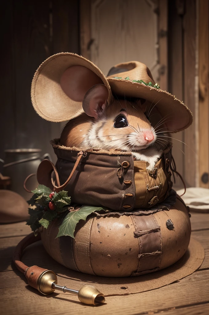 Best quality, masterpiece, ultra high res, (photorealistic:1.37), raw photo, Year 1852, ((1 realistic poor mouse wearing old rundown clothing and old hats)), sitting up. christmas fruitcake, getting fat.