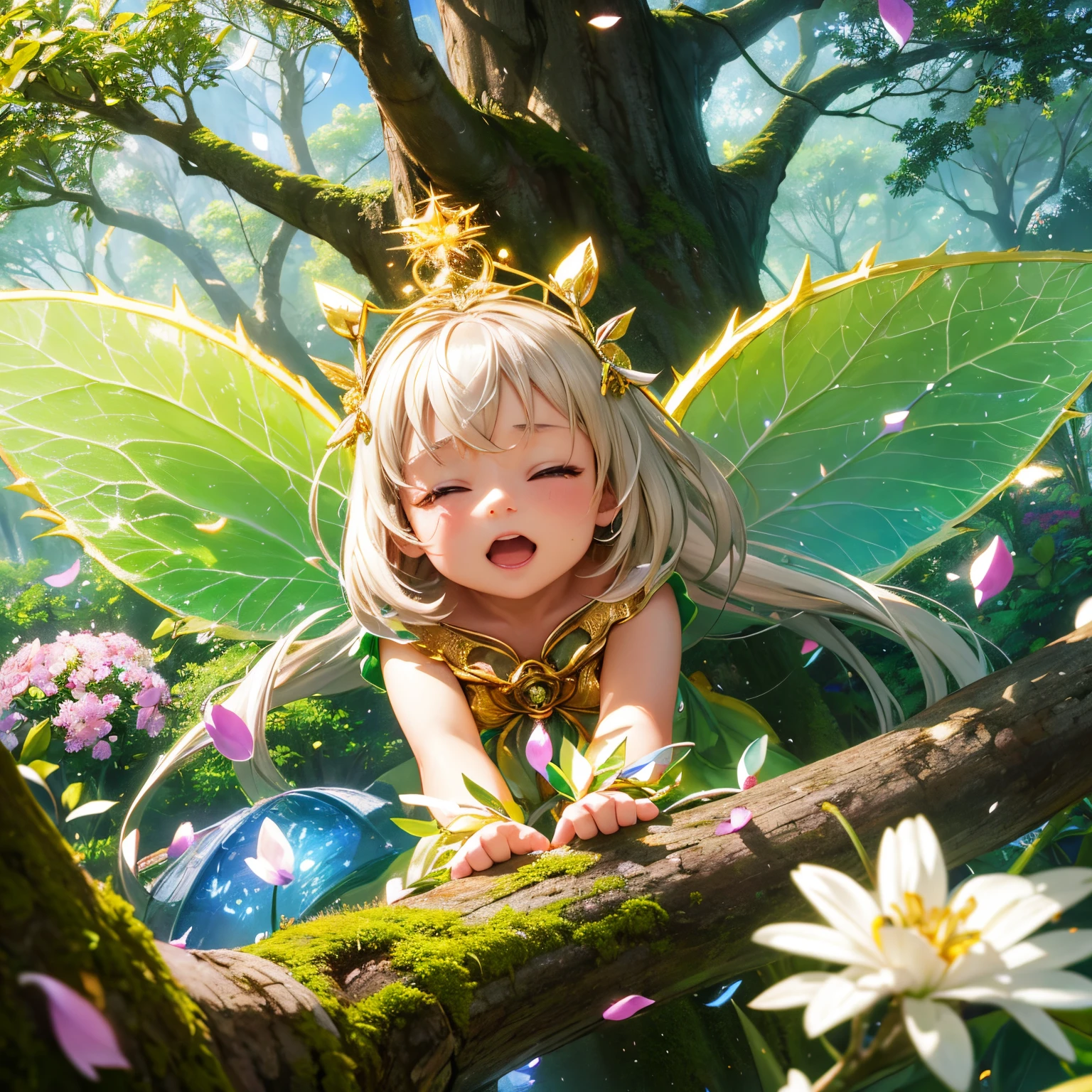 finest image, 8k, RAW photo, realistic, detailed, delicate, flashy and dynamic depiction, fantasy, chibi character, super deformed, cute A human face on a large tree, Trent, the tree fairy, casts a spell and draws colorful flowers all over the place, scattered golden confetti, scattered iridescent confetti, angel's ladder