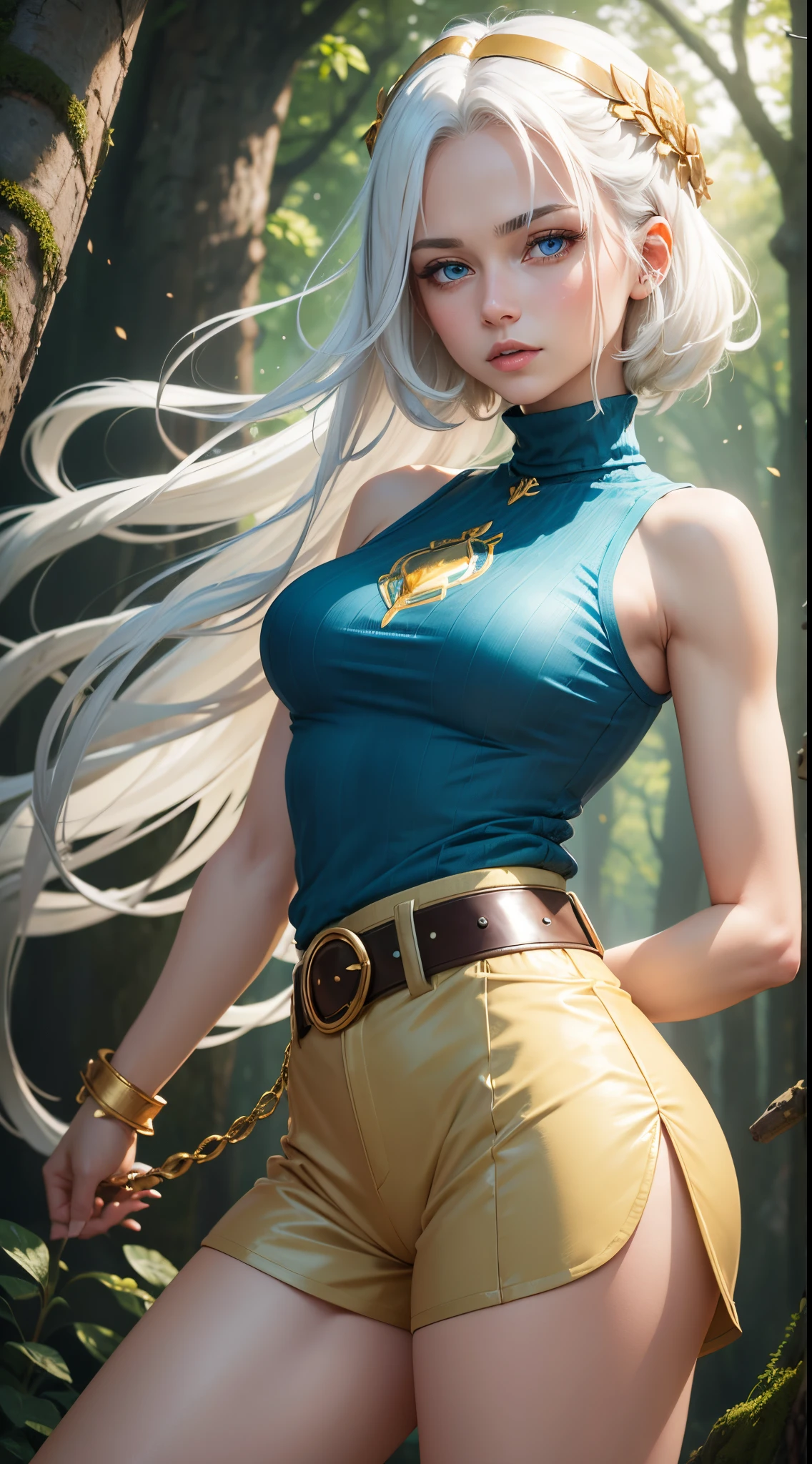 Master piace, super detail, quality, Woman, , white hair, blue eyes, 2d blue background, green sleeveless turtleneck shirt, beige shorts, gold leaf belt, cut-in, butt, nature theme, buble effect