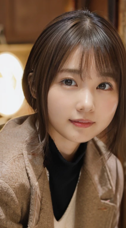 (Photorealistic), (ultra high realistic), (Ultra high definition), (ultra high detailed), (Increase contrast), (14 years old girl、Extremely beautiful face, natural make up)(fair white skin)(sparkly eyes)A pretty woman with perfect figure, Cute face, Beautiful expression, (Lifelike face), Beautiful hairstyle, Realistic eyes, beautiful detail, (real looking skin), 、Beautiful skins, enticing, The ultra -The high-definition, A hyper-realistic, Realistic, Very detailed,, a short bob,Hair hanging over the ears、 bangss, (Wool short coat and knee-high boots、japanese cute idol, Tartan check)((Very short miniskirt)) Gentle smile, Brown hair,、The cleavage looks bold、beutiful breast、thin-waist、big butts、((Karaoke Box))face lights