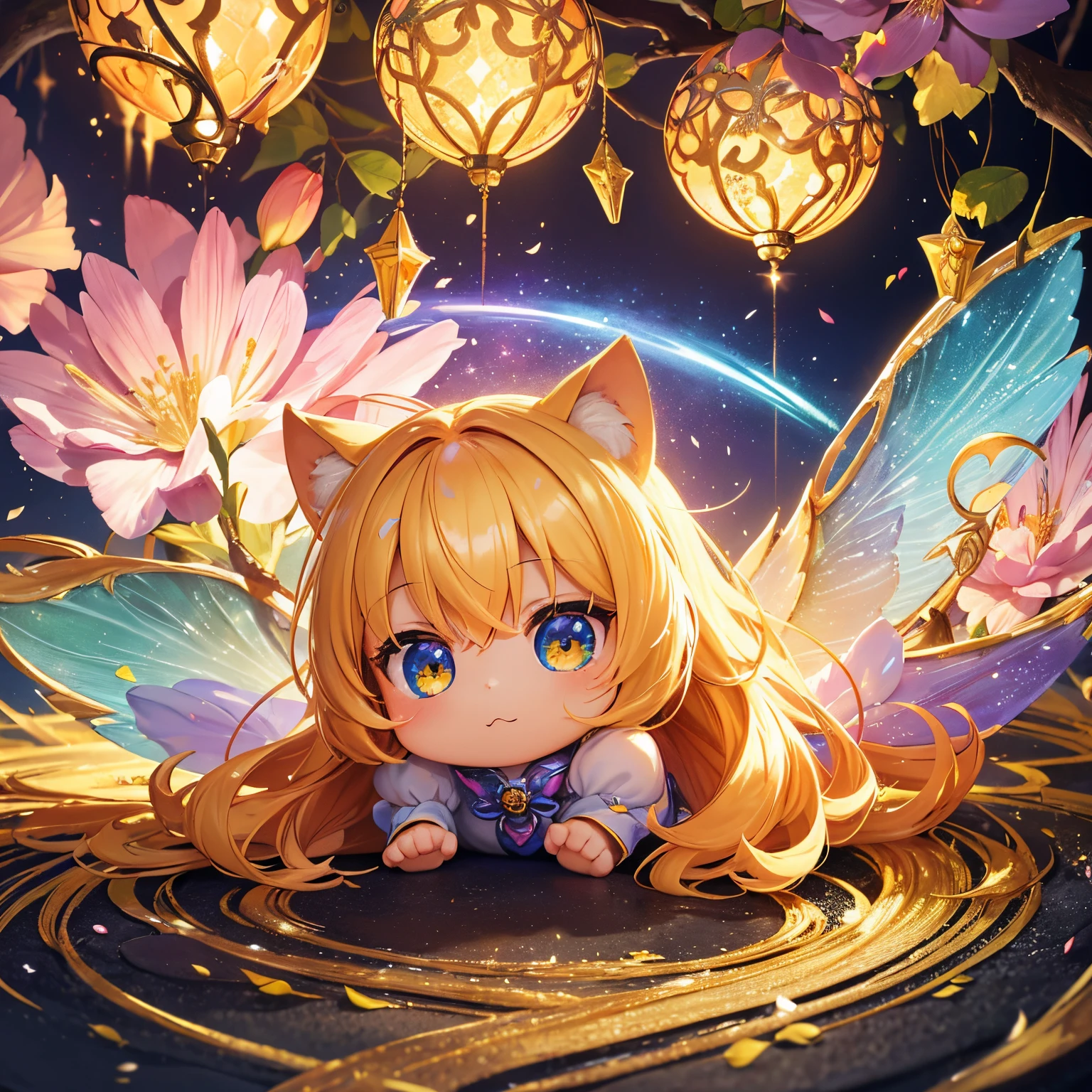 finest image, 8k, RAW photo, realistic, detailed, delicate, flashy and dynamic depiction, fantasy world, (chibi character, super deformed, A spirit with a cute face in a large tree), casts his magic and paints colorful flowers all over the place, scattered golden confetti, scattered iridescent confetti, angel's ladder