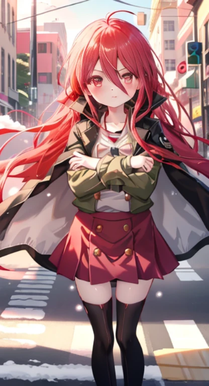 masutepiece, Best Quality,the Extremely Detailed CG Unity 8K Wallpapers, 
1girl in,Shana,Red hair,Red Eyes,Ahoge,Pink long coat，green v-neck sweater，long  skirt，brown short boots，In the street，It's snowing，red blush