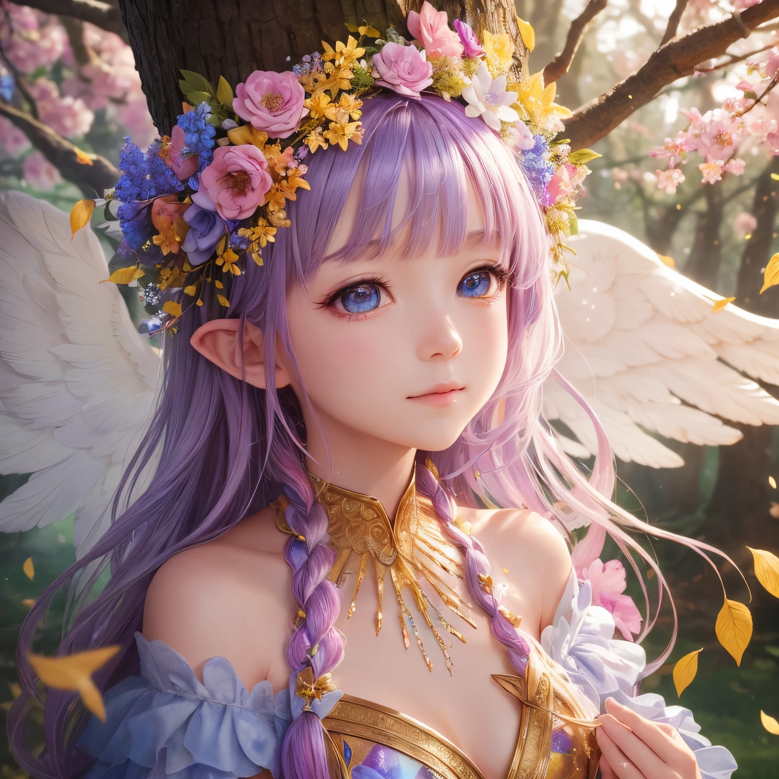 finest image, 8k, RAW photo, realistic, detailed, delicate, flashy and dynamic depiction, (A spirit with a cute face inside a large tree:1.1), casts his magic and paints colorful flowers all over the place, scattered golden confetti, scattered iridescent confetti, angel's ladder, fantasy world