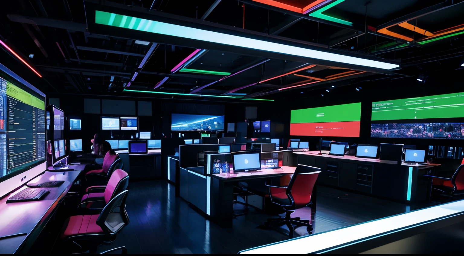 front page image for a high tech software company . computer screens, servers and high tech visualization in the screens. very colourful.