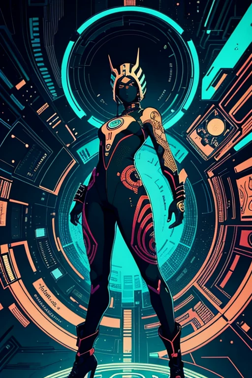 Afro-futurism, one woman, full-body length tribal rapper outfit, (((minimalistic))) circuit board art background design, ((mean face)), in the style of Tsutomu Nihei and Victo Ngai and Beatrix Potter