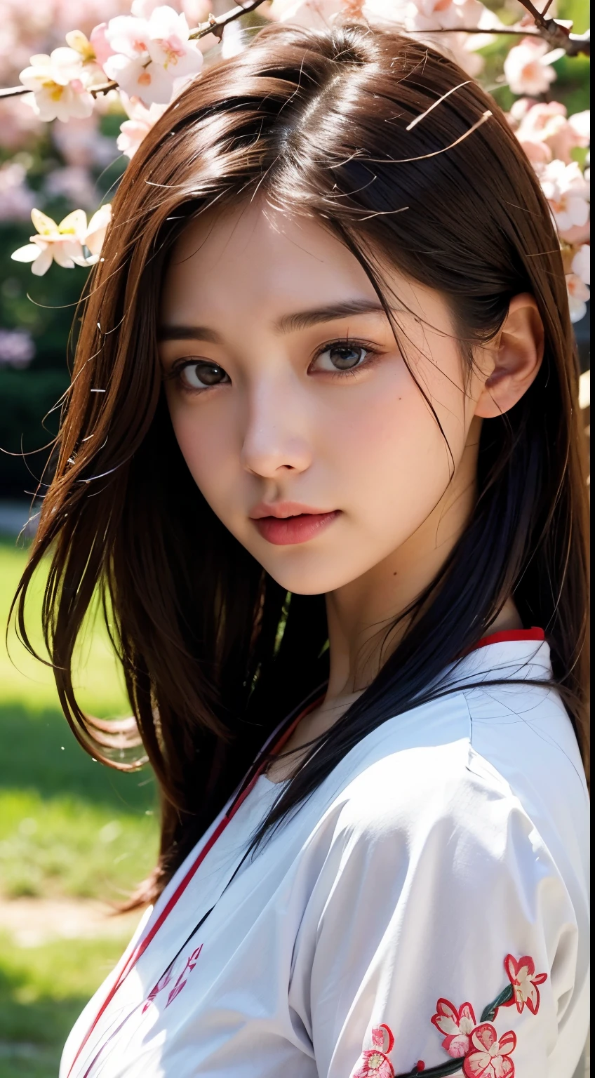 (A logo、masterpiece、8K、masutepiece、Raw photo、Fantastic、Best Quality、8K wallpaper that combines photorealism and high-definition CG、hightquality、ighly detailed、epic poem、Particle effect、Dynamic effects、depth of fields、Cinematic Light、Lens Flare、Ray tracing)、Fantasia、 (Beauty 1 person、White Japanese Clothing、Japanese dress、White cherry blossom pattern、White cherry blossom embroidery pattern、A dark-haired、Beautiful face、Real Face、beautiful details eyes beautiful skin)、Hair flutters in the wind、Hair jumps、Pink cherry blossom tree、Petals flutter、Sakura blizzard、Superb view、morning glow、Sun in the background、the wind