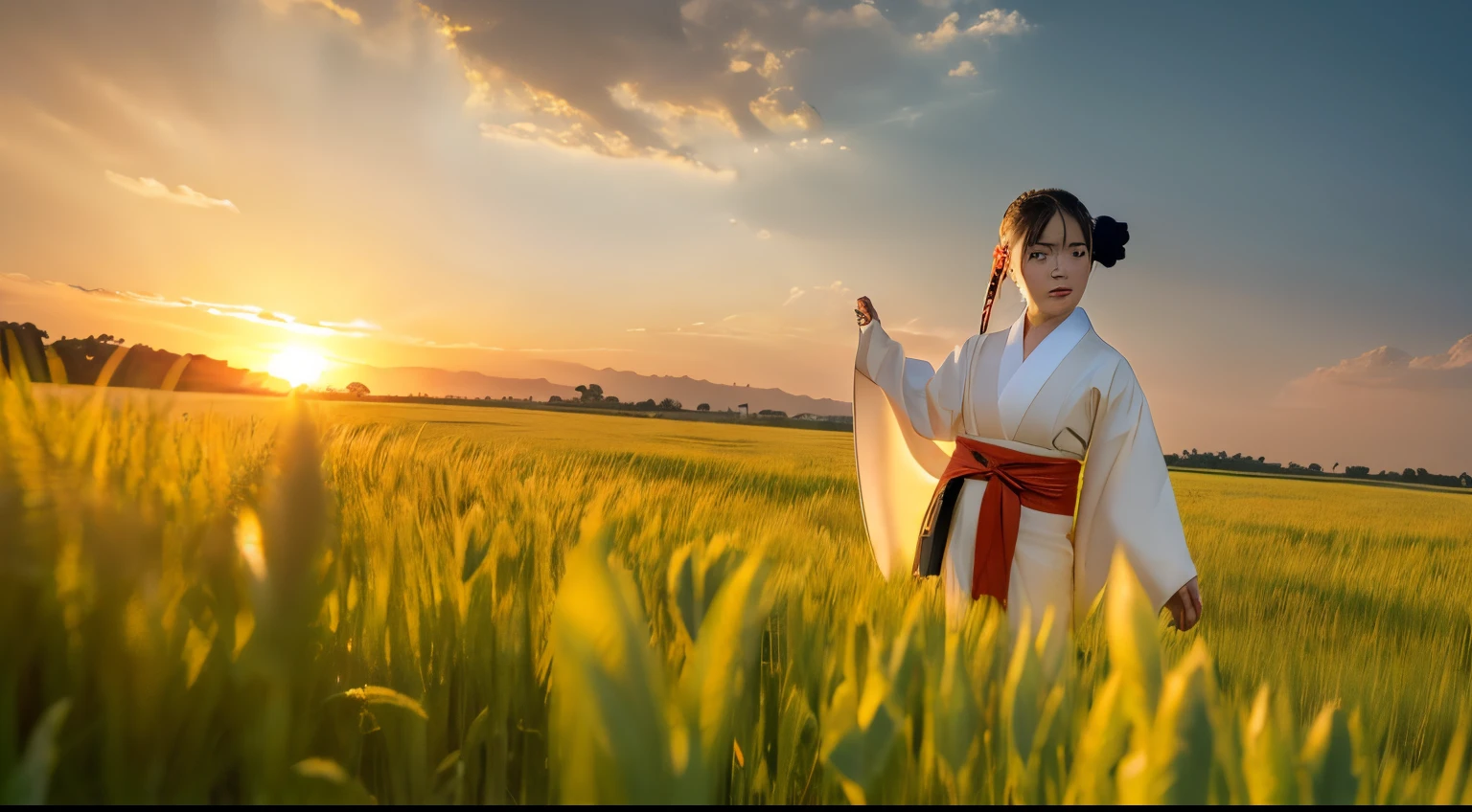A girl in a kimono with a blank look stands waist-deep in a field of wheat, a black kimono with gold edges, her hair is tied in a ponytail, yellow eyes, the sunset is reflected in her eyes, the light falls on her face, half-sideways to the camera