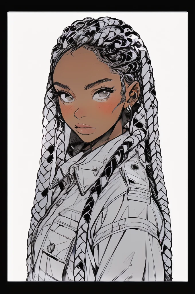 a drawing of a girl with braids and a jacket, beautiful line art, detailed manga style, perfect lineart, girl with plaits, line art illustration, line art portrait, black and white manga style, manga art style, thick line art, illustration line art style, bold lineart, black and white line art, striking manga artstyle