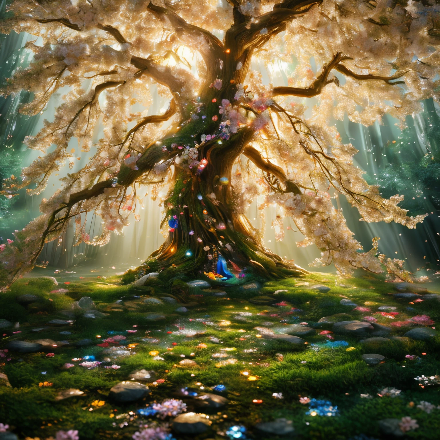 A painting of a tree with flowers and lights in the background - SeaArt AI