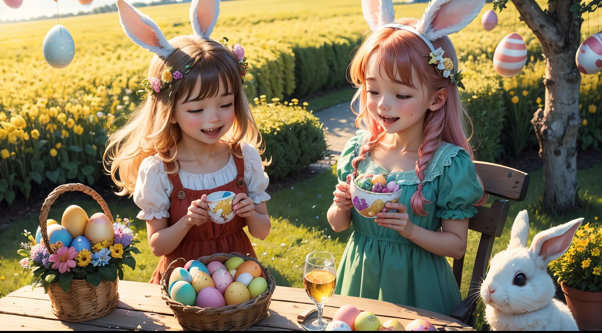 (best quality,highres,masterpiece:1.2),cute bunny,rabbit,magical Easter,adorable,playful,fluffy,colourful eggs,beautiful spring flowers,butterflies,happy children,joyful celebration,delightful surprises,traditional Easter basket,decorative ribbons,sparkling decorations,vibrant pastel colors,whimsical art style,sunlit meadow,cheerful atmosphere,endless fun,candy-filled eggs,lively hopping,festive decorations,chirping birds,blissful moments,excitement and joy,magical moments,storybook scenery,blooming nature,whispering breeze,laughter and happiness,memorable Easter memories,Family gathering,treasure hunt,delicious treats