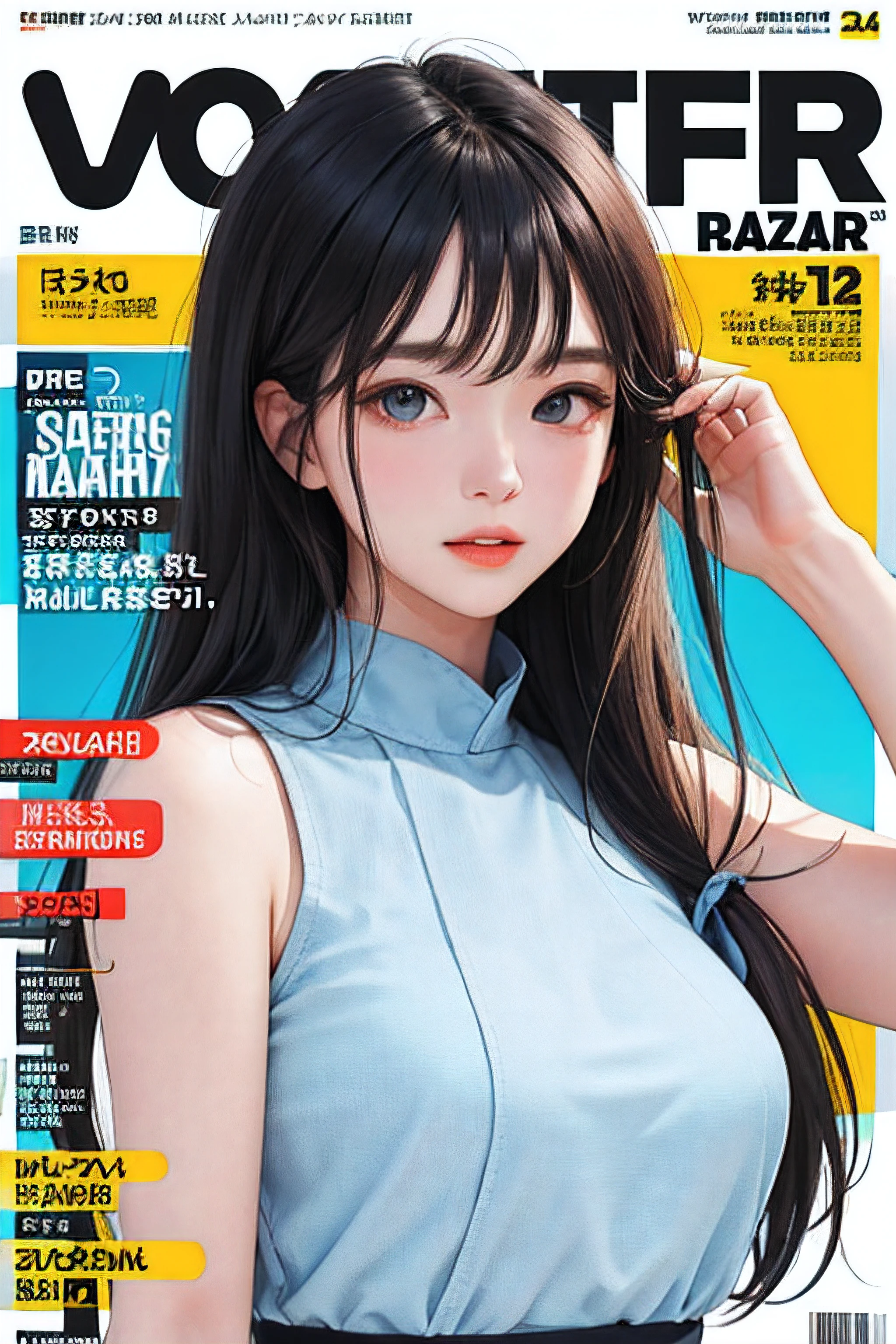 masterpiece, best quality, spring outfit, colorful hair, outdoor, magazine cover ,upper body,