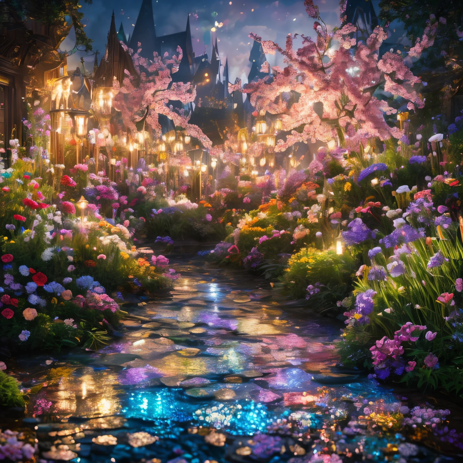 finest image, 8k, RAW photo, realistic, detailed, delicate, flashy and dynamic depiction, Veronica Wizarding lights up and blooms in a variety of colors, casts his magic and paints colorful flowers all over the place, scattered golden confetti, scattered iridescent confetti, angel's ladder, fantasy world, magical plants