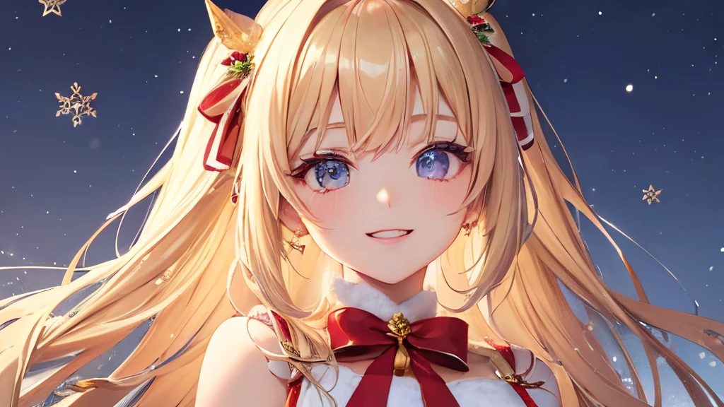 Beautiful blonde two side up hairstyle、Santa Claus costume、Christmas、absurderes、Emphasis on the chest、Christmas pattern ribbon、Cute young lady、Beautiful purple eyes studded with colorful jewels、Beautiful smile with attention to detail、;D、beautiful and delicate flowing hair、Delicate and detailed beautiful hands、独奏、Super beautiful illustrations、Full body view、Cute and beautiful, Beautiful face is very delicate and detailed、The gesture of giving a Christmas present、Beautifully illuminated Christmas tree、castle balcony background、Great and fantastic snowy sky with highly detailed big full moon