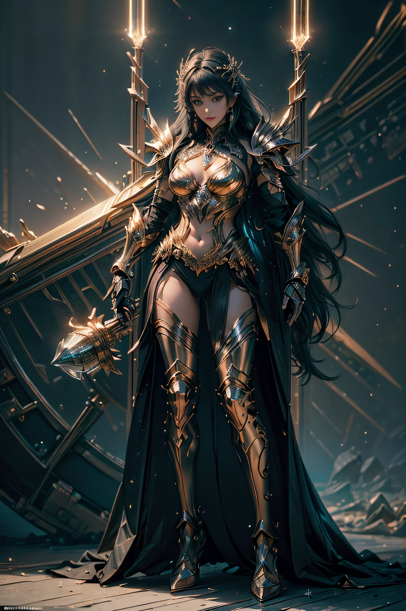 32K Ultra HD, highly detailed, denoising of strength:1.45, Abstraction, Oil, Sketch((best quality)), ((masterpiece)), highres, original, extremely detailed wallpaper,an extremely delicate and beautiful,illustration,cinematic lighting, volume lighting, bloom effect, light particleest quality), (Masterpiece), (An extremely detailed beauty:1.2),(Full body Villain posing:1.5), (cartoony:1.32), (colorful:1.2), Dynamic angle, (extremely detailed CG unity 16k wallpaper:1.1), Ultra-high saturation,(tmasterpiece), fully body villain pose:1.3,Denoising of Strength:1.45,(best qualtiy),iridescent lighting, (1girll), starryskybackground,Wearing shiny gold armor, Sexy lingerie type armor,Expose your chest,Expose the waistline,Exposing thighs,cool-pose, Saint Seiya Armor, messy hair,high detal, Anime style, Cinematic lighting, Sparkle, god light, Ray traching, filmgrain, hyper HD, textureskin, super detailing, Anatomical correct, A high resolution,Ultra-high saturation,hight contrast,High-gloss armor,,Serious expressions,Dark room, god rays,