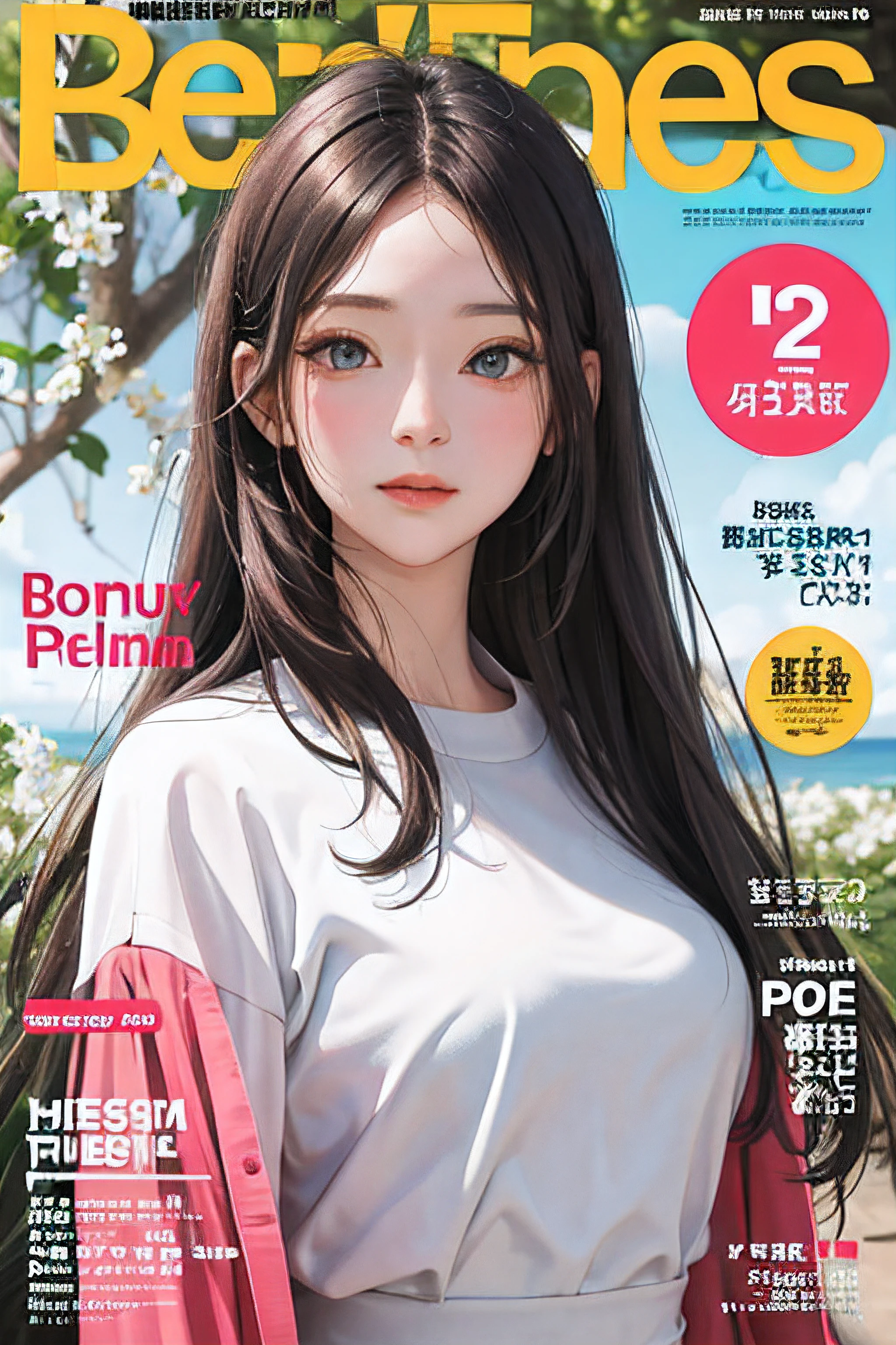 masterpiece, best quality, spring outfit, colorful hair, outdoor, magazine cover ,upper body,
