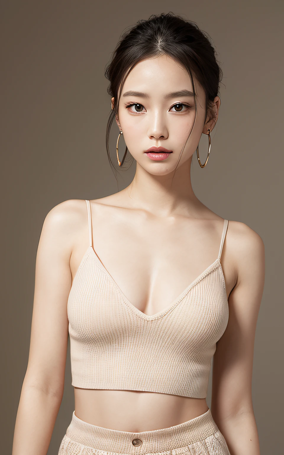 masutepiece, Best Quality, Solo, 1girl in, Luminous skin, hoop earrings, Glamorous, Whimsical details, slick hair, charmed, Bare shoulder, croptop, Long pants, Shallow depth of field, Facing, Professional Models, Face front, Portrait