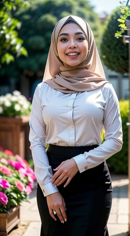 (best quality,ultra-detailed,realistic:1.37),vivid colors,soft lighting,minang female,wearing indonesian highschool uniform ((white shirt, grey long skirt)),white plain hijab,beautiful detailed face,expressive eyes,plump lips,long black hair,feminine smile,radiant fair skin,curvy figure,enchanting pose,confident stance,on the sidewalk,busy street,urban environment,tall buildings,subtle breeze,serene ambiance,delicate hijab patterns,subtle fabric texture,natural makeup,modest yet stylish,gentle sunlight,subtle shadows,hectic atmosphere,ethereal beauty,feminine grace,dreamlike quality.