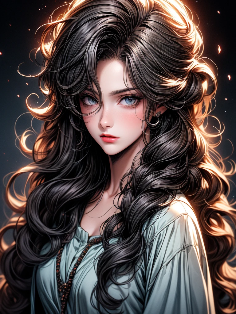a black and white photo of a woman with long curly hair, beautiful drawing style, realistic anime art style, with haunted eyes and curly hair, beautiful digital illustration, detailed digital anime art, great digital art with details, curly haired, beautiful anime portrait, long curly hair intricate, curly dark hair, cute detailed digital art, beautiful anime art style, curls hair