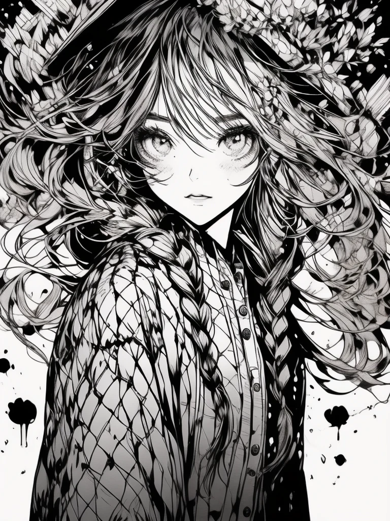 a drawing of a girl with braids and a jacket, beautiful line art, detailed manga style, perfect lineart, girl with plaits, line art illustration, line art portrait, black and white manga style, manga art style, thick line art, illustration line art style, bold lineart, black and white line art, striking manga artstyle