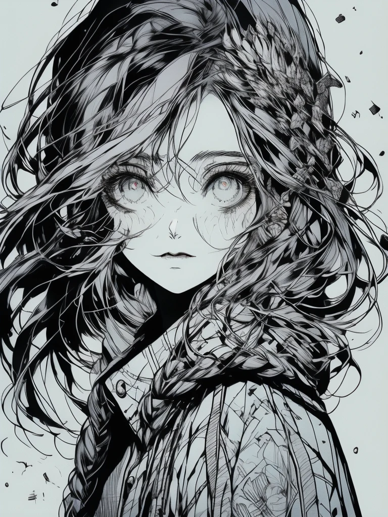 a drawing of a girl with braids and a jacket, beautiful line art, detailed manga style, perfect lineart, girl with plaits, line art illustration, line art portrait, black and white manga style, manga art style, thick line art, illustration line art style, bold lineart, black and white line art, striking manga artstyle